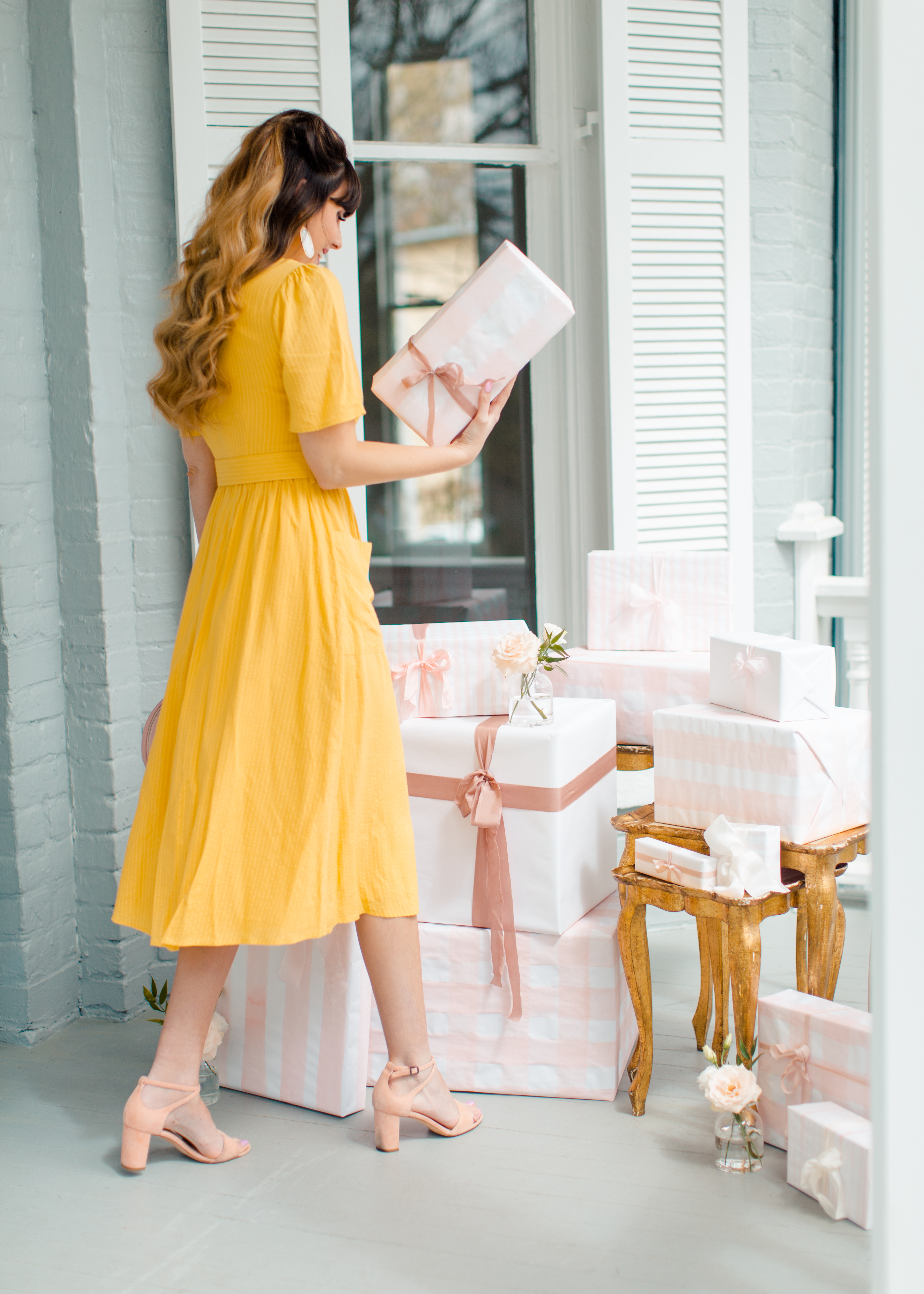 Hand-painted blush wrapping paper. Model: Frapps & Frills, Dress: Blush & Oak, Venue: McAlister-Leftwich, Photographer: Rachel Linder