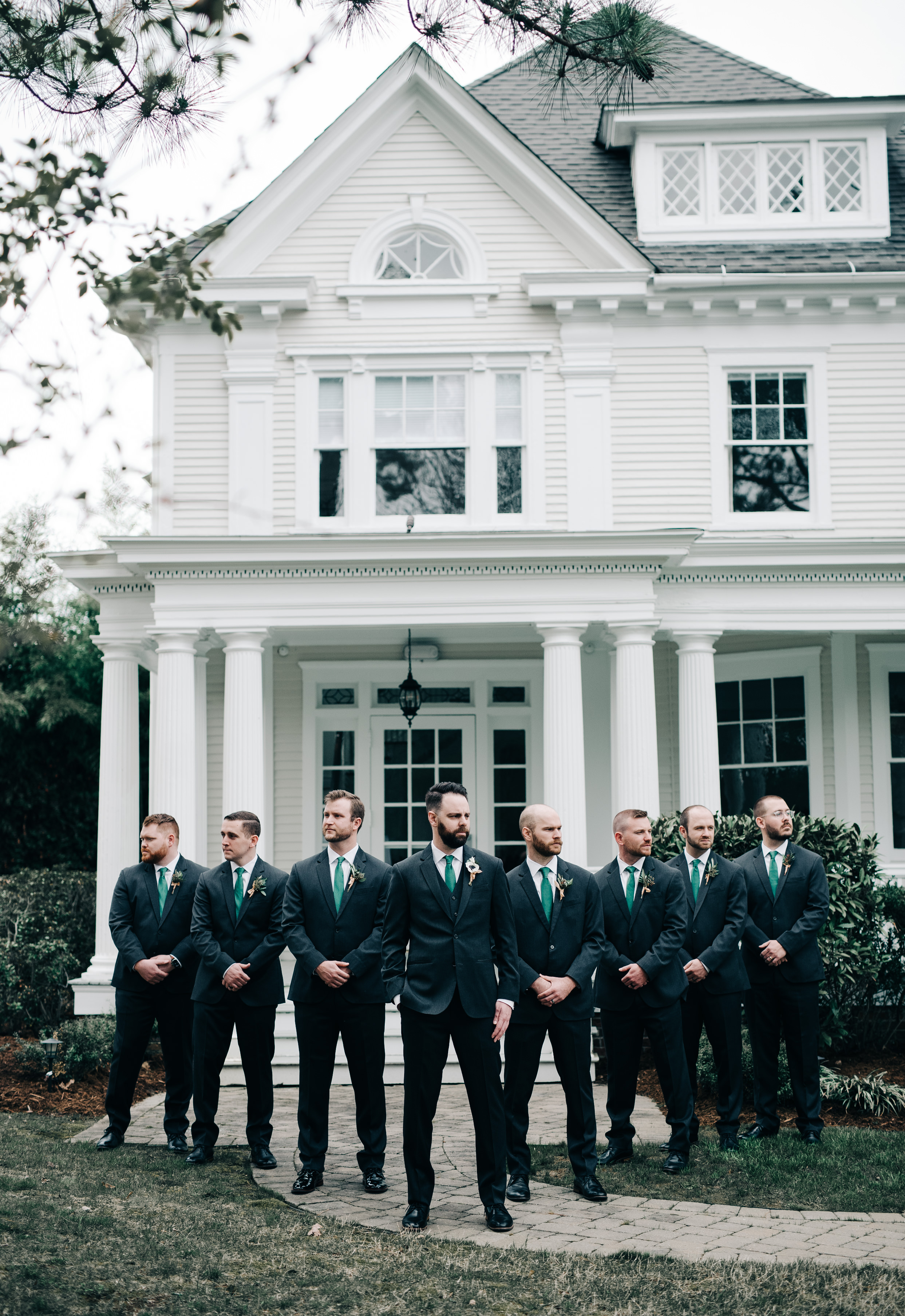 Groomsmen with emerald green ties at McAlister-Leftwich House | Greensboro, NC