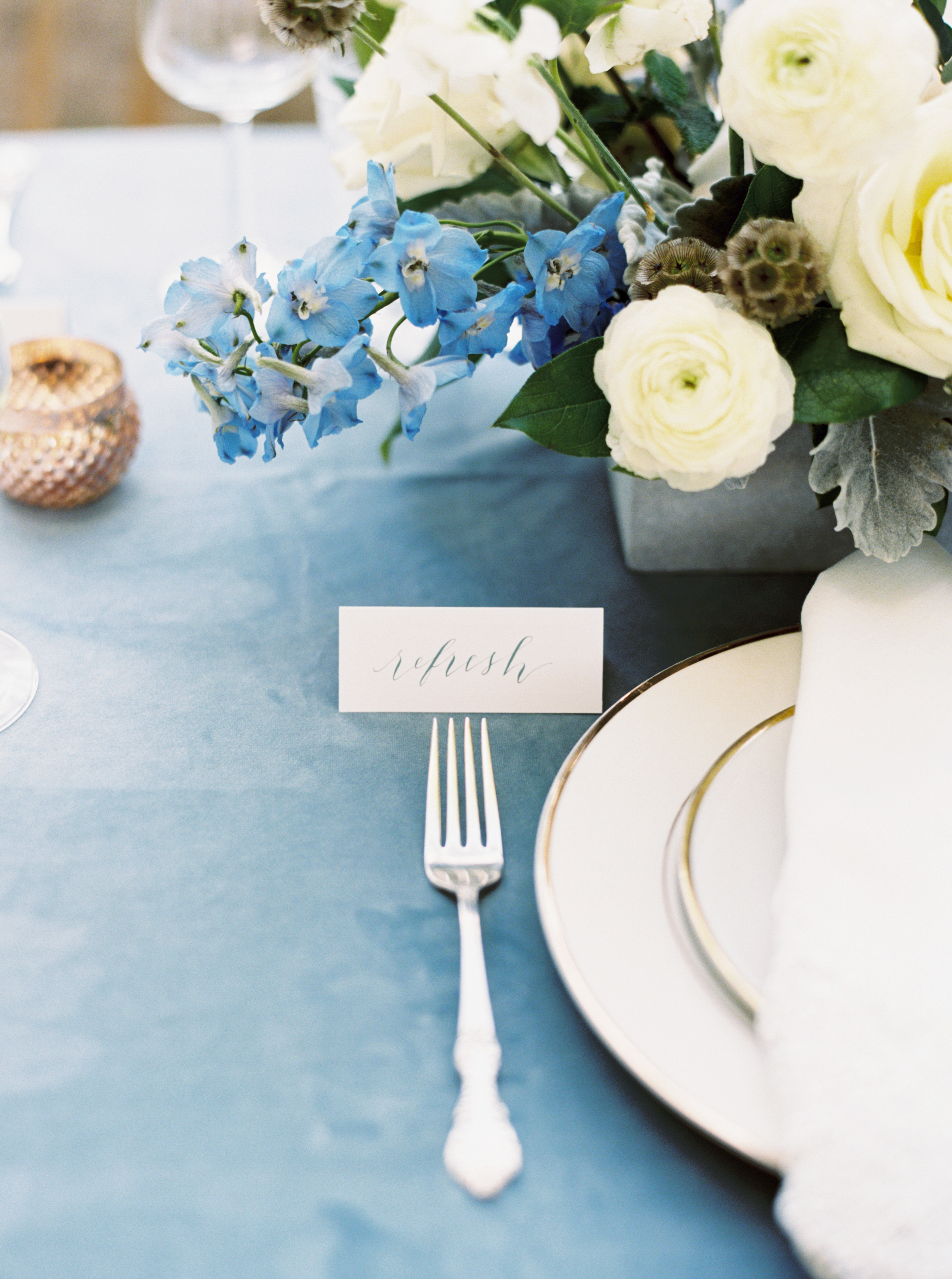 Blue and white tabletop design. McAlister-Leftwich House in Greensboro, NC.