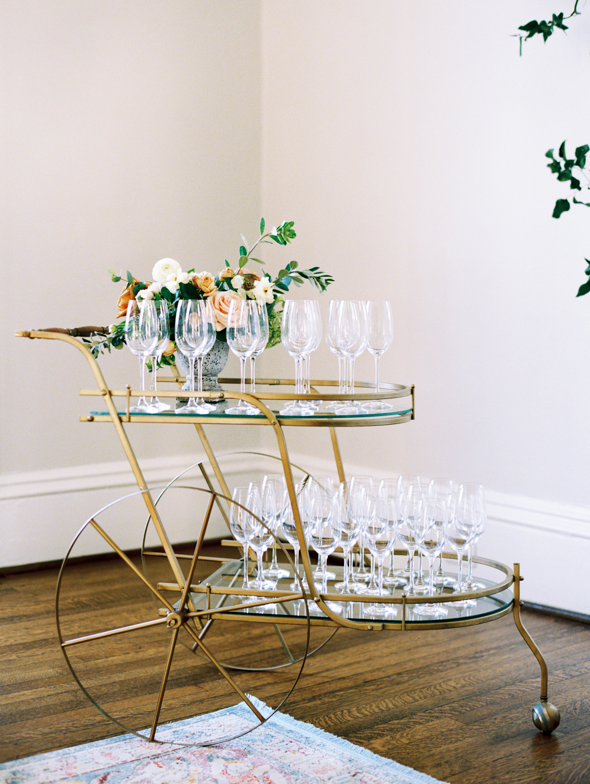 Vintage bar cart for mimosa bar | Greenhouse Picker Sisters in Raleigh, NC | Venue: McAlister-Leftwich in Greensboro, NC
